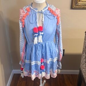 Hemant & Nandita Blue & Pink Tassel Trim Tiered Dress